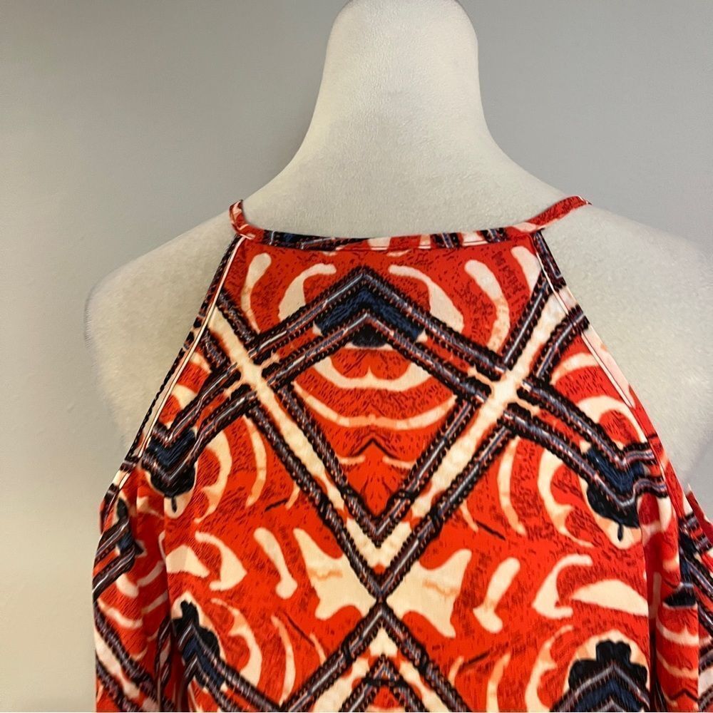Vibrant Geometric Pattern Cold Shoulder A-Line Dr… - image 7
